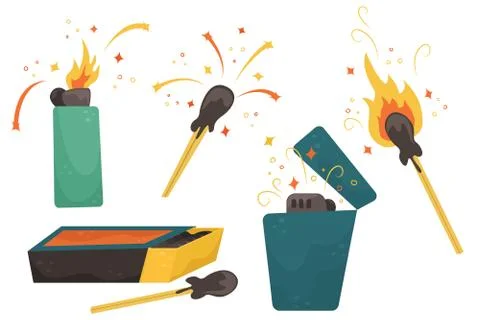 Set with flat illustrations of matches, lighters and matchbox. 스톡 일러스트