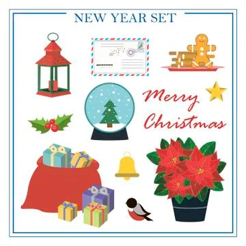 A set of flat illustrations for new year and Christmas. Vector set of isolated Stock Illustration