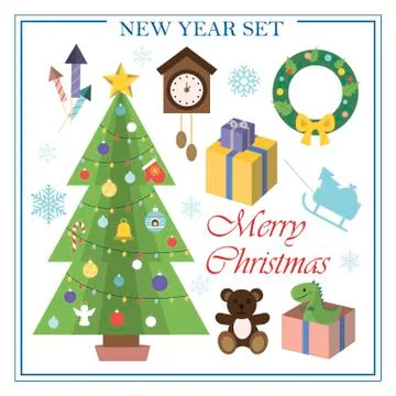 A set of flat illustrations for new year and Christmas. Vector set of isolated Stock Illustration