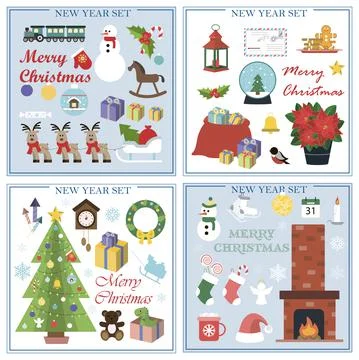 A set of flat illustrations for new year and Christmas. Vector set of isolated Stock Illustration