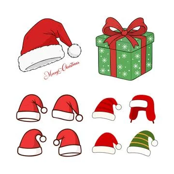 Set of flat illustrations of Santa Claus hats and Christmas gifts Stock Illustration