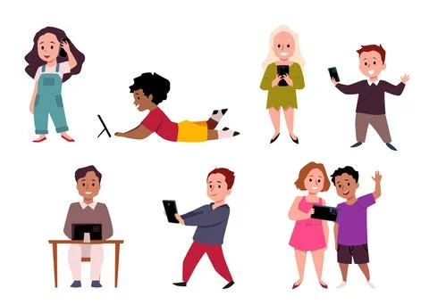 A set of flat illustrations showing how children use their gadgets. Stock Illustration