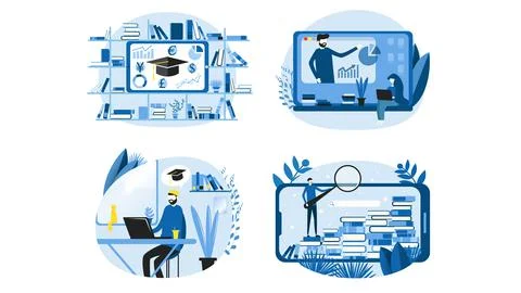 Set of flat illustrations on the topic of online learning, data analysis and Stock Illustration