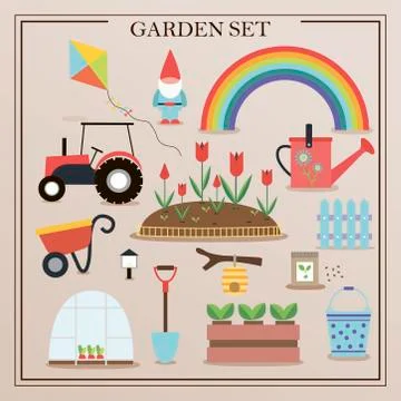 A set of flat images of garden items. Flowers, seedlings, shovel, garden gnome Stock Illustration