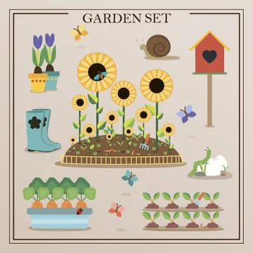 A set of flat images of garden items. Flowers, seedlings, shovel, garden gnome Stock Illustration