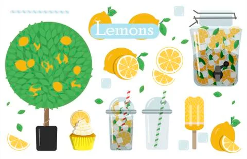 A set of flat images with lemons and lemonade. Vector illustration of a glass of Stock Illustration