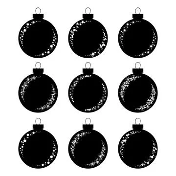 Set of flat isolated black and white silhouettes of Christmas toys balls on a Stock Illustration