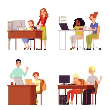 A set of flat isolated vector illustrations of distance studying for children Ilustração Stock