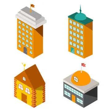 Set of flat isometric buildings Stock Illustration