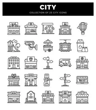Set of flat line art city icons depicting urban buildings and transport Illustration