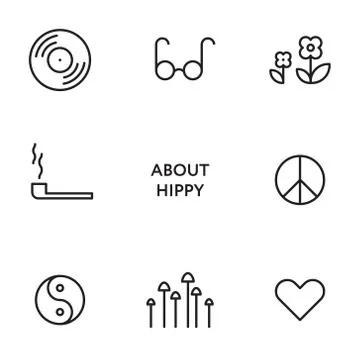 Set of flat line hippy icons. Modern pictograms Stock Illustration