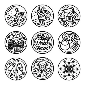 Set of flat line icons on the New Year's and Christmas Holiday. Decorative co Stock Illustration