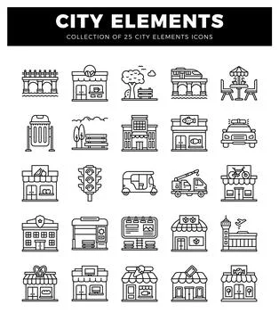 Set of flat line icons representing city elements. including buildings. tra.. Illustrazione stock