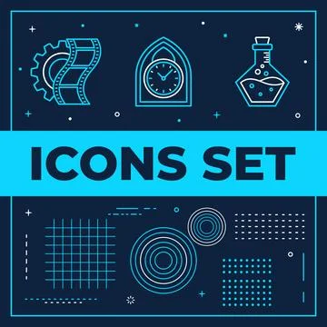 Set of flat line icons representing film reel, clock in archway, laboratory.. Stock Illustration