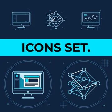 Set of flat line icons representing computer monitors with graphs and neura.. Stock Illustration