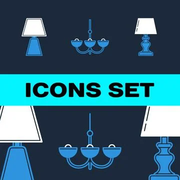 Set of flat line icons for table lamps and chandeliers in blue and white on.. Ilustração Stock