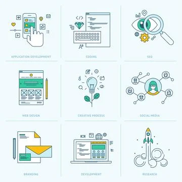 Set of flat line icons for web development Stock Illustration