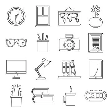 Set flat line office and house items Stock Illustration