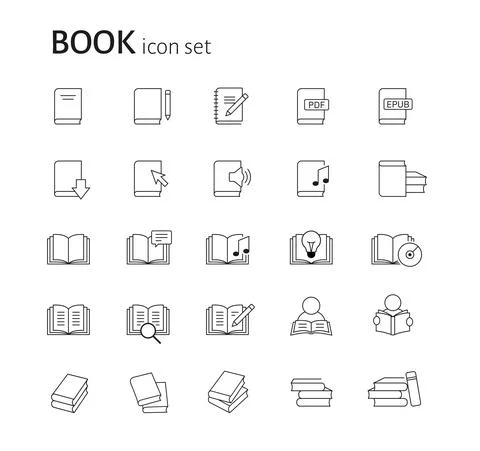 Set of flat linear simple book icons. Group of pictograms, read, study Stock Illustration
