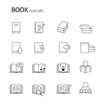 Set of flat linear simple book icons. Group of pictograms for read, study Stock Illustration