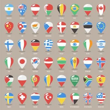 Set of flat map pointers with world states flags Stock Illustration