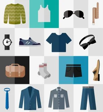 Set of flat men clothes and accessories icons Stock Illustration
