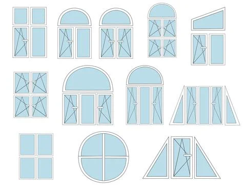 Set of flat metal-plastic windows white color and open close scheme flat vector Stock Illustration