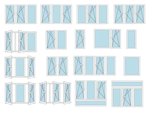Set of flat metal-plastic windows white color and open close scheme flat vector Stock Illustration