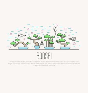 Set of flat miniature bonsai in pots with scissors around. Japanese culture Stock Illustration