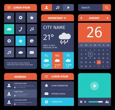 Set of flat mobile elements, design and icons for app or web Stock Illustration