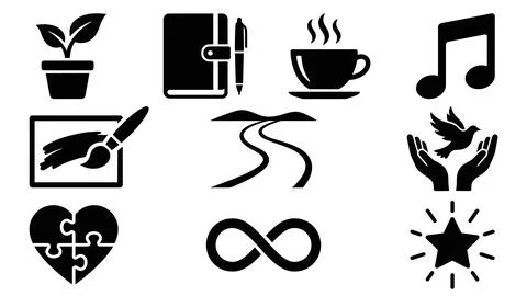 Set of flat monochrome icons representing various lifestyle activities and .. Stock Illustration