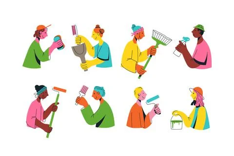 Set of flat multicultural people are doing something together. Unity in diver Stock Illustration