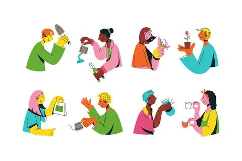 Set of flat multicultural people are doing something together. Vector illustr Stock Illustration