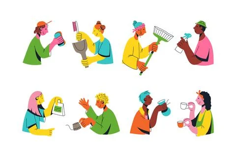 Set of flat multicultural people are doing something together. Unity in div.. Stock Illustration