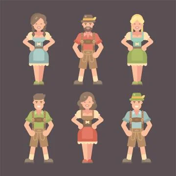 Set of flat Oktoberfest characters on dark background. Men in lederhosen and  Stock Illustration