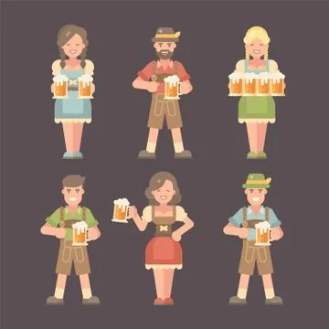 Set of flat Oktoberfest characters on dark background. Men in lederhosen and  Stock Illustration