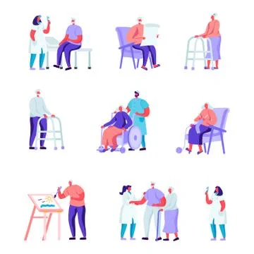 Set of Flat Older People in a Nursing Home Stock Illustration