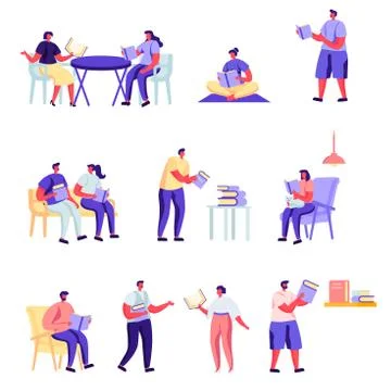Set of flat people reading or students studying Stock Illustration