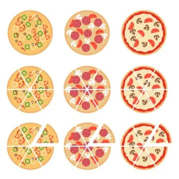 Set of flat pizza icons isolated on white. Vector Stock Illustration