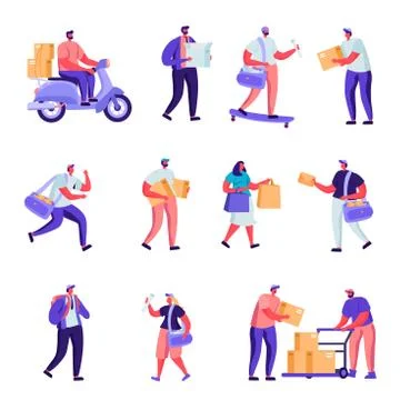 Set of Flat Postal Delivery Service Characters Illustration