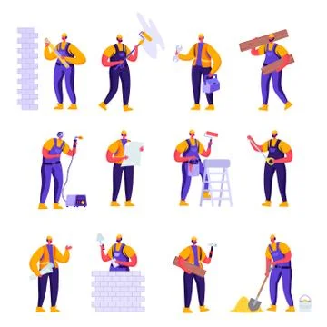 Set of Flat Professional Construction Workers Stock Illustration