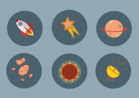 Set of flat rocket icons, planet, meteorites, radar, sun, star Illustrazione stock