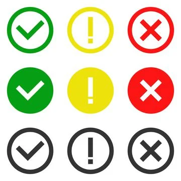 Set of flat round check mark, exclamation point, X mark icons, buttons isolat Stock Illustration