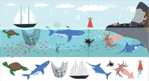 A set of flat sea animals. Marine life, animals, plants, sunken objects, ship Stock Illustration