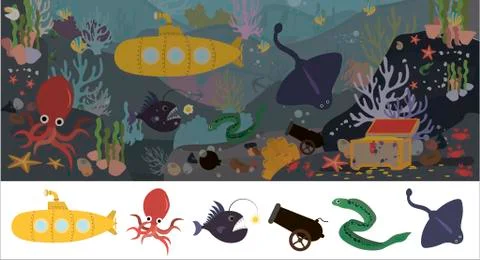 A set of flat sea animals. Marine life, animals, plants, sunken objects, ship Stock Illustration