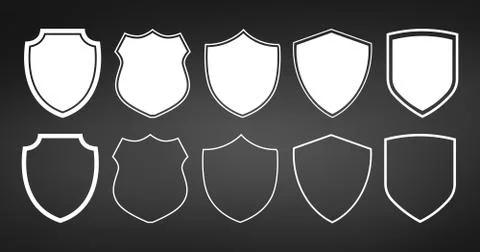 Set of flat shields with contours. Vector illustration isolated on black back Stock Illustration