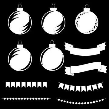 Set of flat silhouettes of black and white isolated Christmas toys. Decoratio Stock Illustration