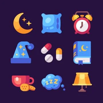 Set of flat sleep icons on dark background. Moon, pillow, alarm clock, pills Stock Illustration