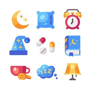 Set of flat sleep icons. Moon, pillow, alarm clock, pills, tea, lamp, book an Illustrazione stock