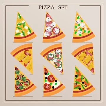 A set of flat slices of pizza. Vector illustration of assorted pizza. Cut pieces Stock Illustration